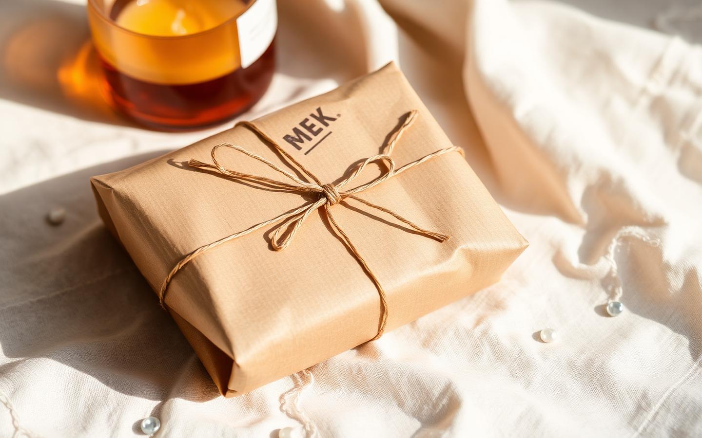 A kraft-wrapped NIVRA parcel beside an amber candle